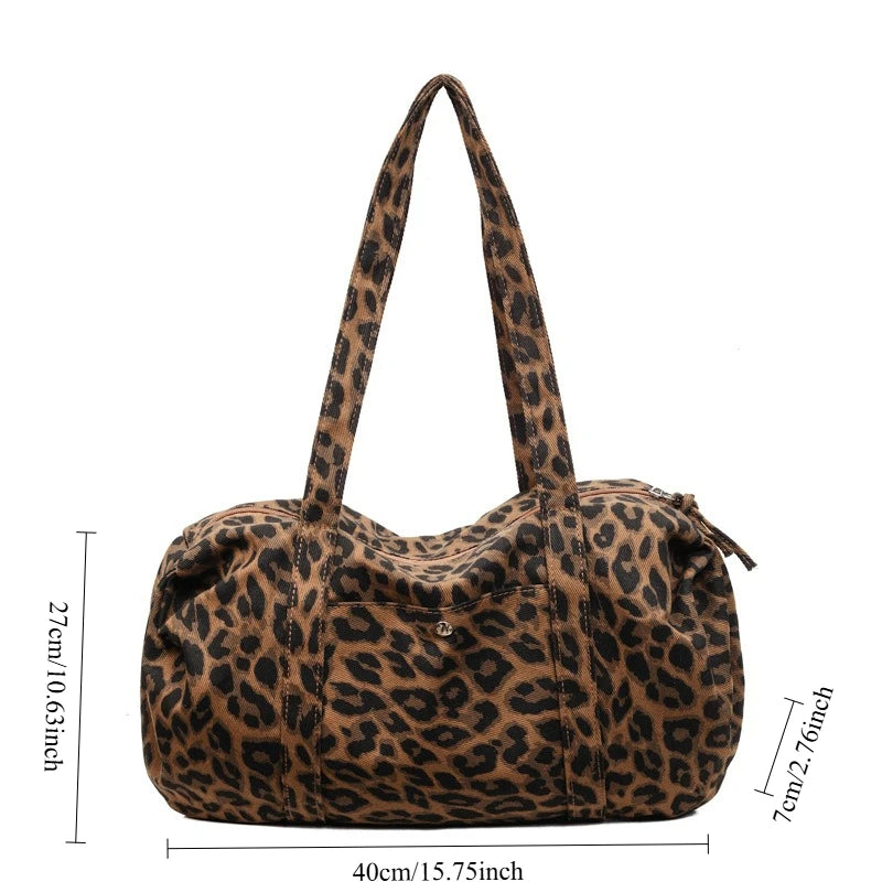 Sac cabas en toile à motif léopard tendance, grande capacité, sac à bandoulière mode avec poignées, idéal pour les trajets quotidiens, sac polyvalent avec texture et rangement.
