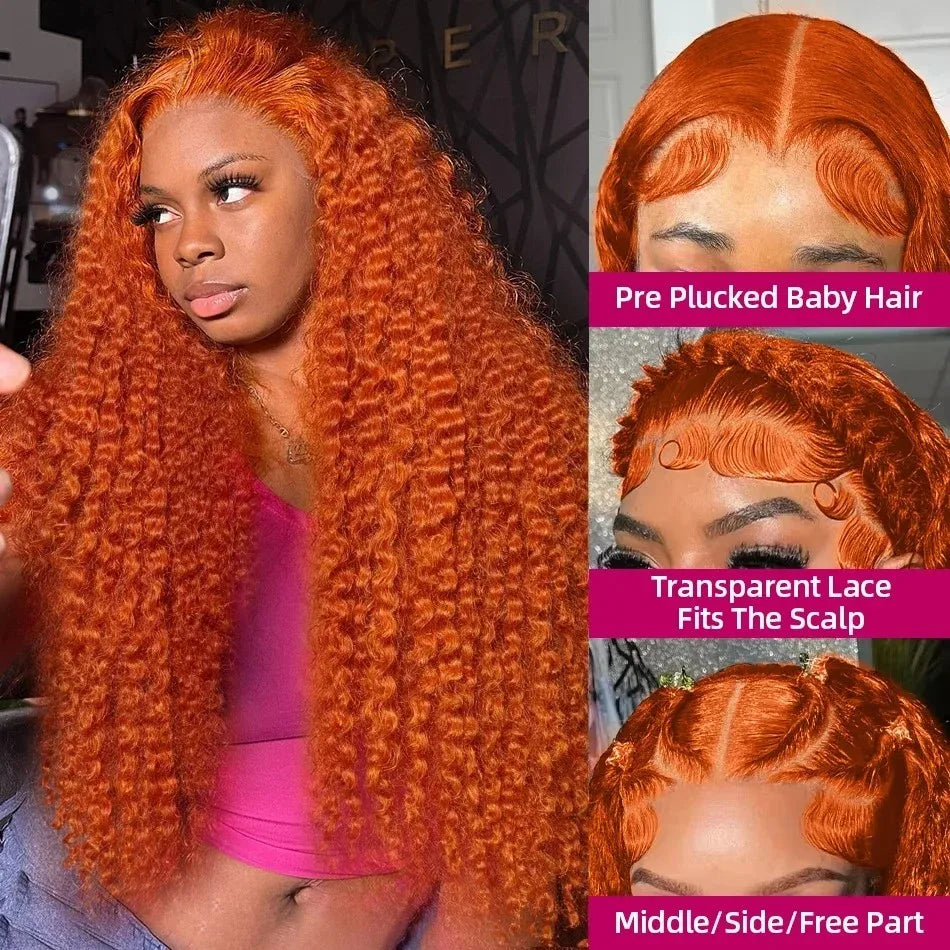 Perruques en cheveux humains ondulés profonds gingembre-orange, bouclées, avec dentelle frontale HD 13x6, effet vague d'eau, pré-plumées, brésiliennes, colorées, pour femmes