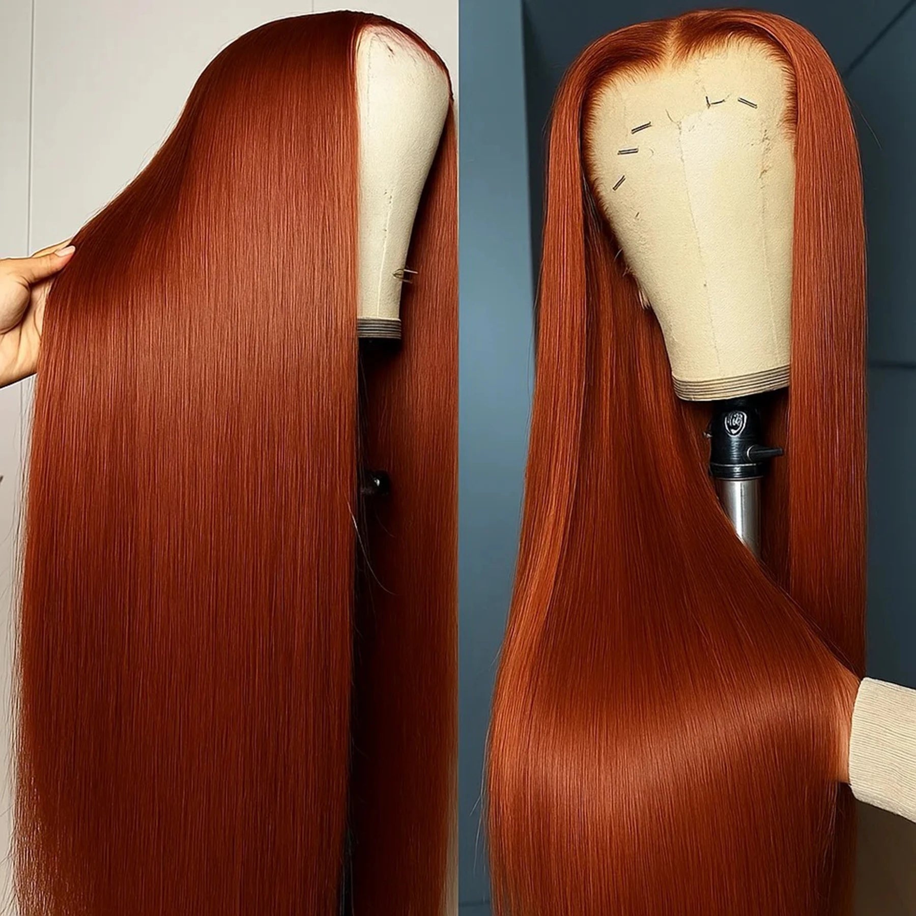 Perruque lace front synthétique lisse couleur Ginger Orange et Blond Miel – 13x4x1 pour femme, fibre résistante à la chaleur, usage quotidien, soirée et mariage