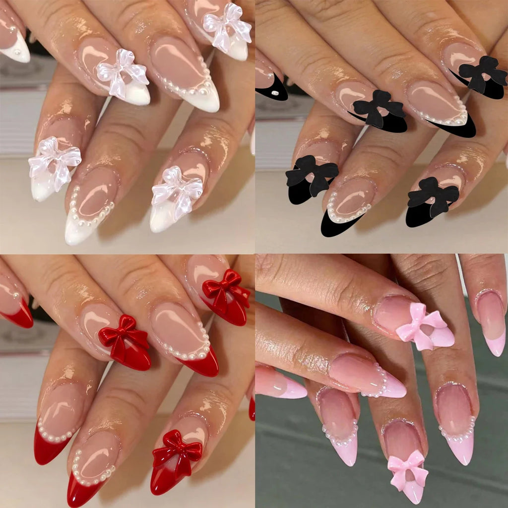 Faux ongles moyens avec pendentif à nœud 3d, 96 pièces, ongles acryliques en forme de cœur, strass, ongles pour femmes entièrement coupés