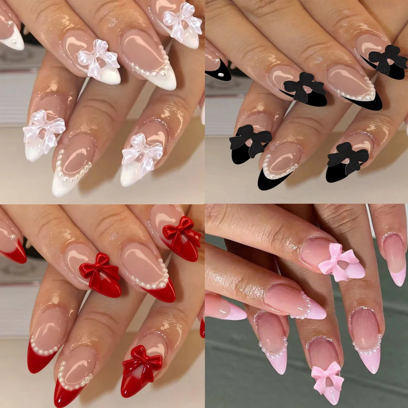 Faux ongles moyens avec pendentif à nœud 3d, 96 pièces, ongles acryliques en forme de cœur, strass, ongles pour femmes entièrement coupés