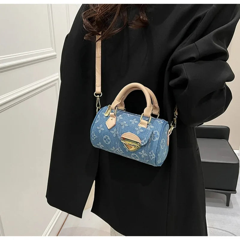 Sacs en jean tendance pour femmes, sacs bandoulière élégants et polyvalents, sacs à main cylindriques ronds à la mode