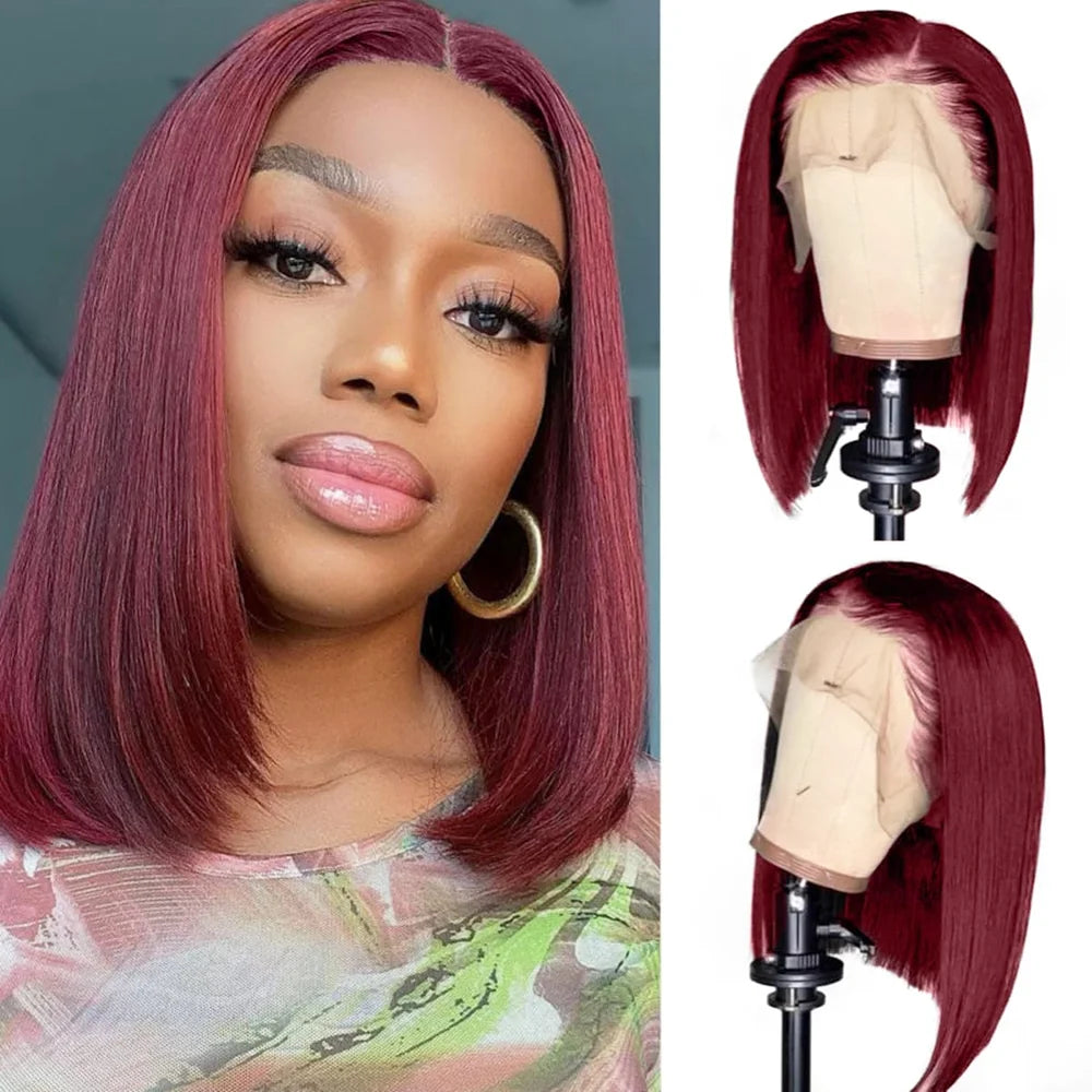 Perruques bob droites bordeaux 99J, prêtes à porter, sans colle, perruques en cheveux humains avec dentelle frontale 13x4, pré-coupées, sans colle, pour femmes, couleur rouge