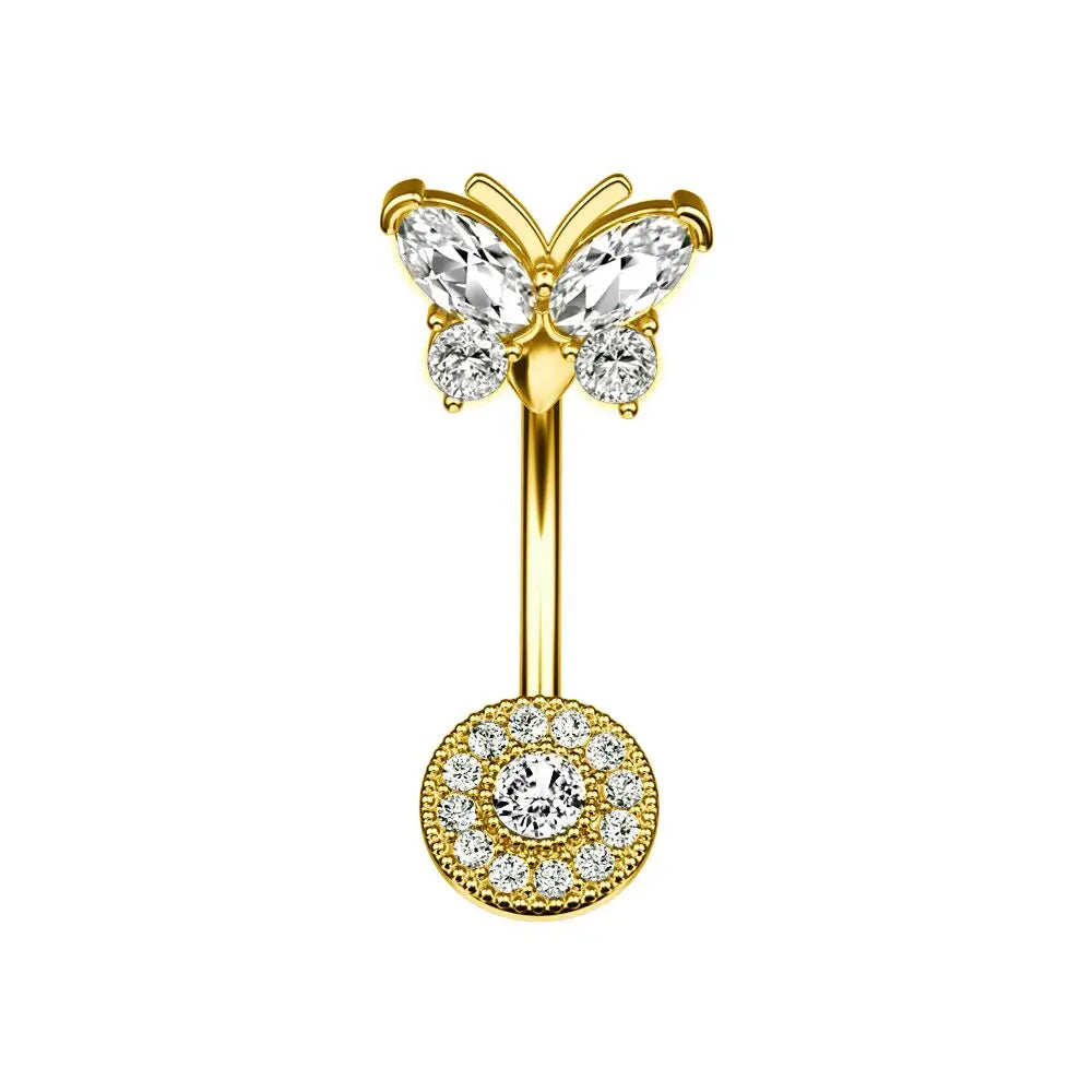 1 pièce Anneau de nombril incurvé en acier inoxydable couleur or avec cristaux CZ, motif papillon abeille, 14G, avec pendentif