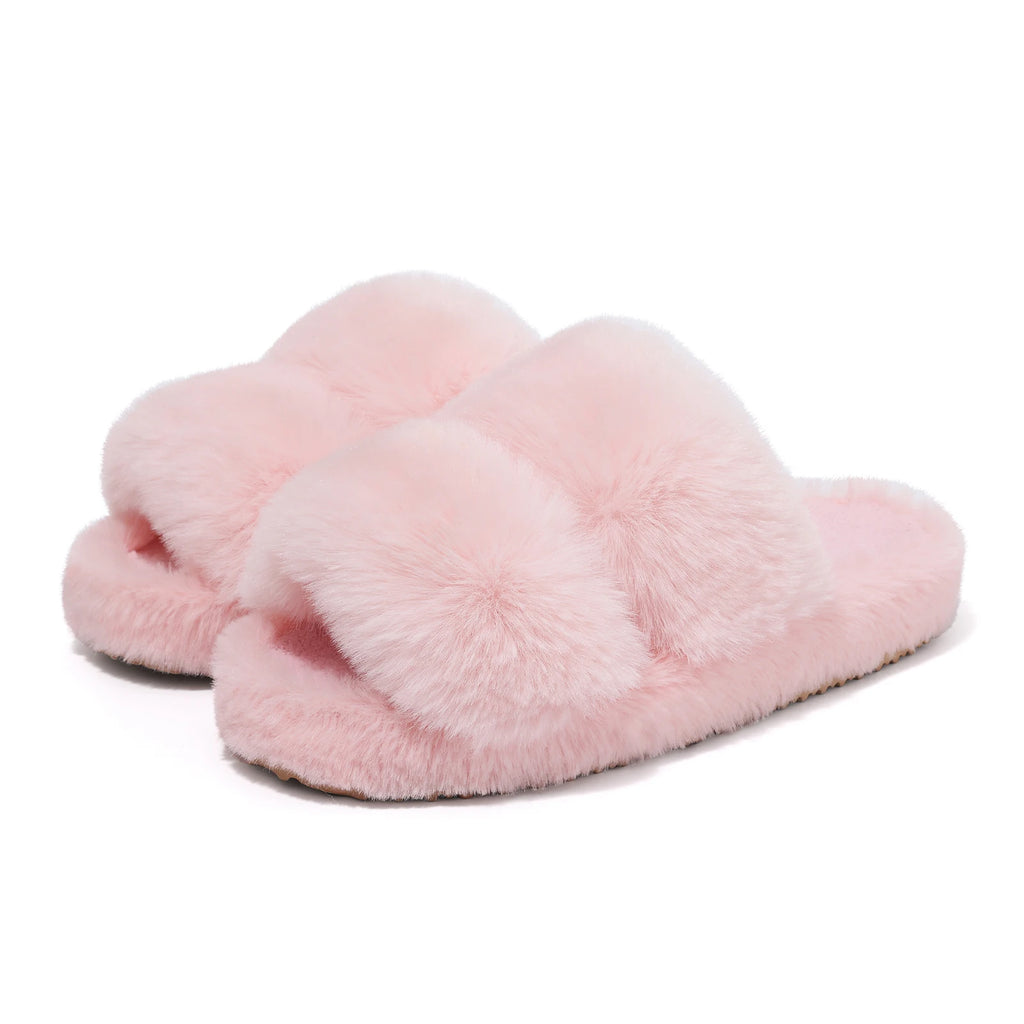 Evshine nouvelles mules à bout ouvert en fausse fourrure, chaussons d’intérieur chauds pour femme. Sandales d’intérieur tendance en peluche, confortables et moelleuses, chaussures de maison pour femme, chaussons d’hiver duveteux.