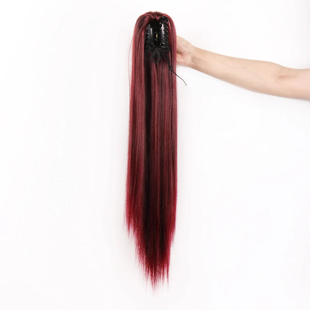 Queue de cheval rouge vin euro-américaine pour femmes, fibre haute température à la mode, tresse queue de cheval droite synthétique à clipser sans couture
