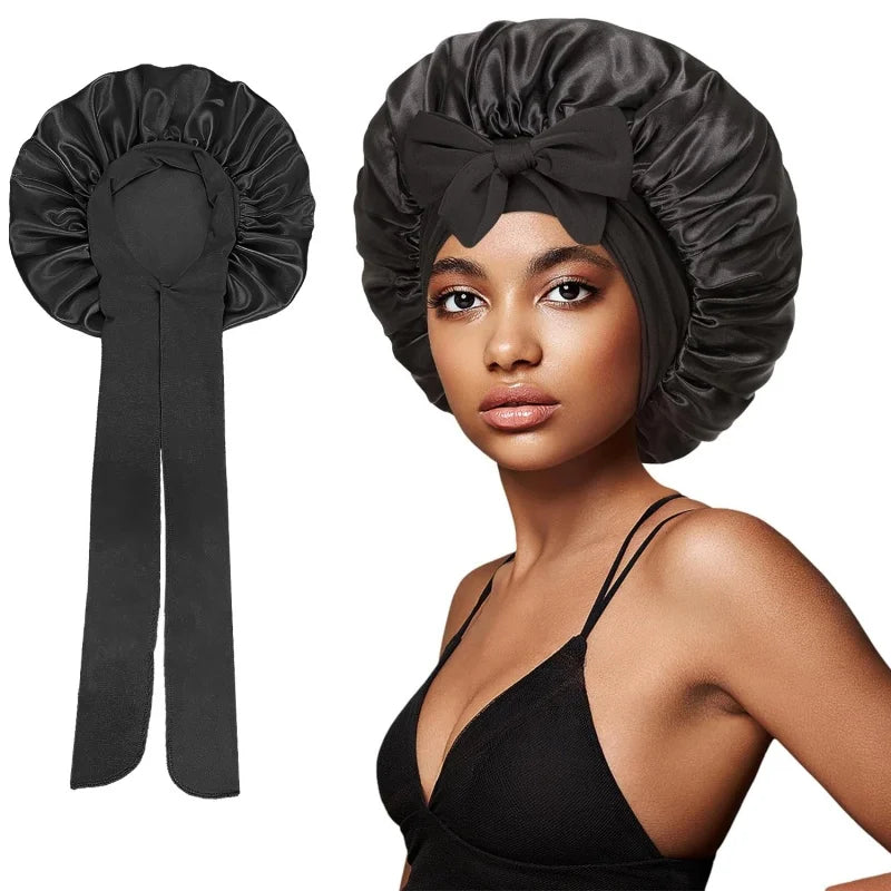 Nouveau bonnet de nuit en satin uni avec bande élastique extensible à nouer pour femmes, bonnet de douche ajustable, bonnet/turban pour couvrir les cheveux.