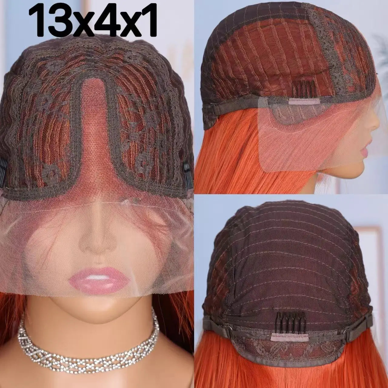 Perruque lace front synthétique lisse couleur Ginger Orange et Blond Miel – 13x4x1 pour femme, fibre résistante à la chaleur, usage quotidien, soirée et mariage