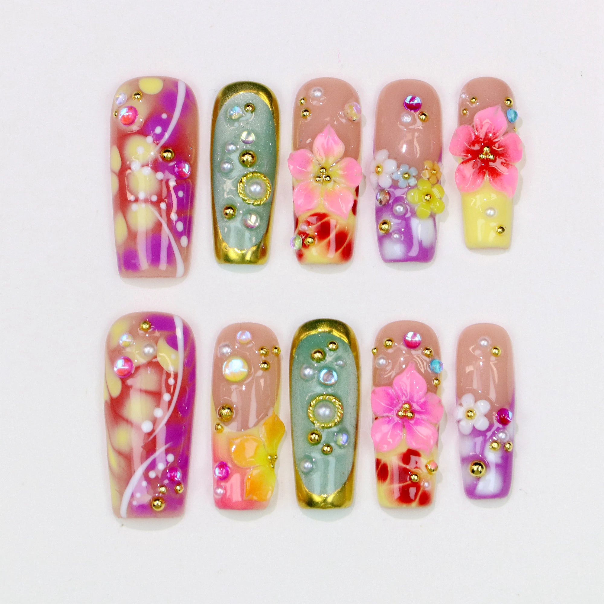 10 pièces 30mm 3D belle manucure faite à la main presse sur les ongles, faux fleurs peintes à la main en acrylique