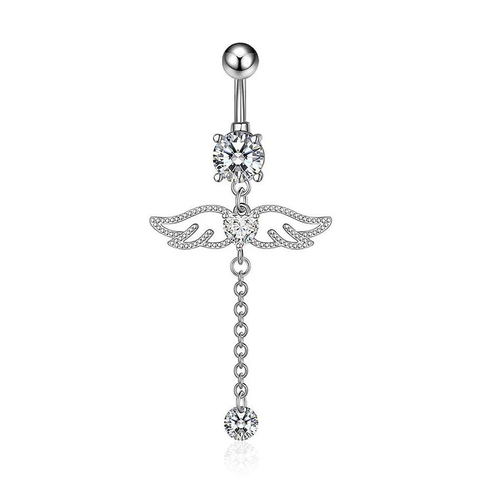 Piercing de nombril à filetage interne en titane – Bijou de nombril avec barre de piercing et pendentif décoratif. Orné d’une longue chaîne avec nœud, fleur ou papillon suspendu pour un look élégant et féminin.