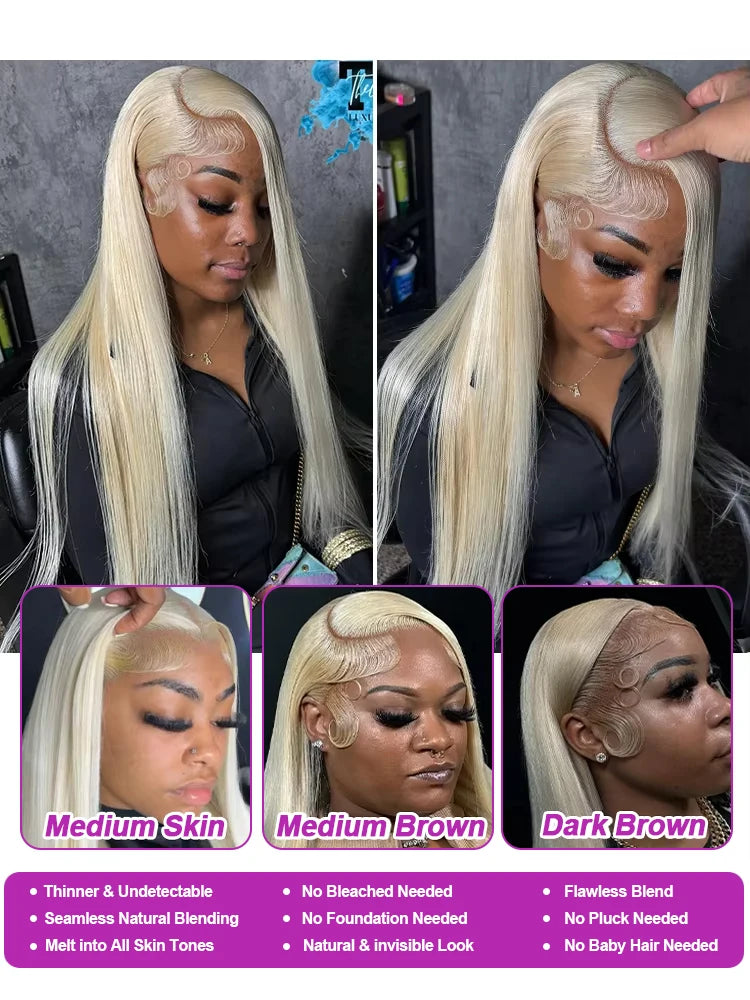 erruque en cheveux humains lisses de couleur blonde, dotée d’une lace frontale HD 13x6 ou 13x4 pour un effet naturel et une ligne capillaire discrète. Avec sa densité de 250 %, elle offre un volume généreux et une chevelure épaisse.