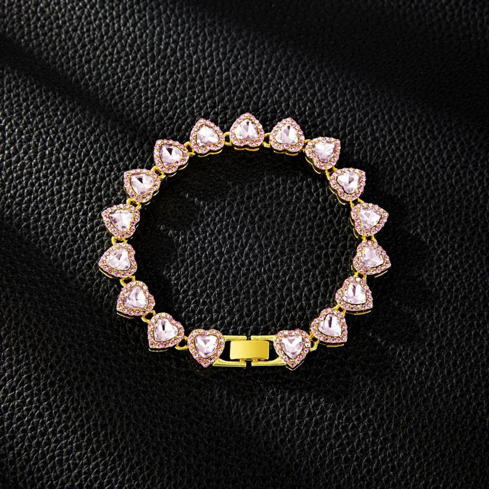 Yupsk 45CM/20CM coeur brillant strass Hip Hop Rock Tennis chaîne Bracelet collier pour femmes hommes à la mode ensemble de bijoux cadeau
