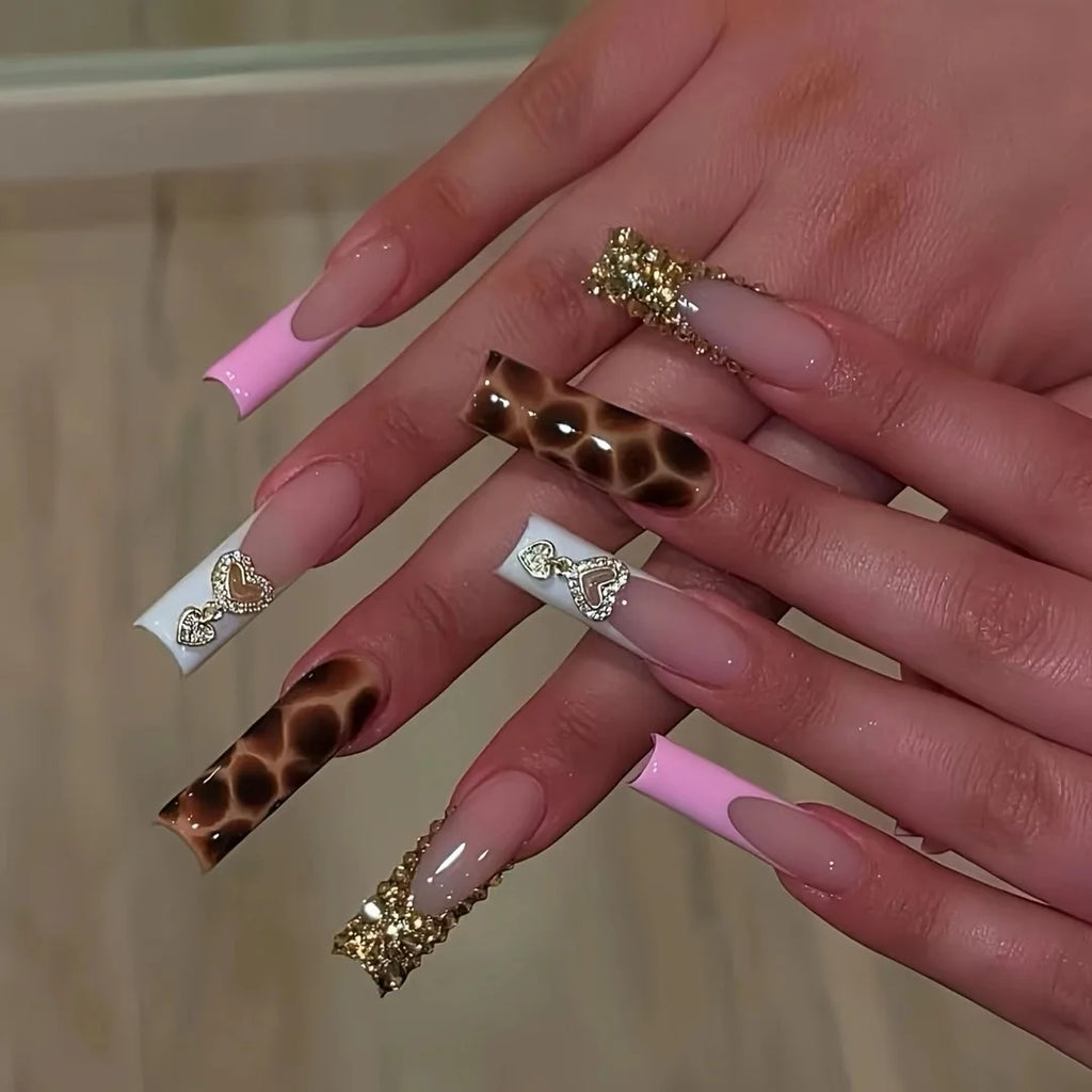 24 pièces – faux ongles longs carrés style français, design cœur 3D, ongles press-on avec strass, motif décoratif, faux ongles portables pour nail art