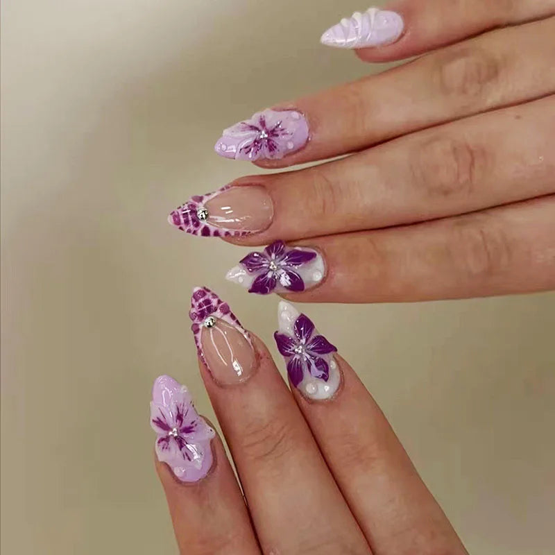 Faux ongles 3D pour femmes et filles, dégradé de fleurs en relief marron bleu avec strass, pointes d'amande d'automne et d'hiver à pression sur les faux ongles