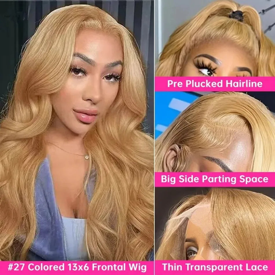 Perruques brésiliennes en cheveux humains ondulés, blond miel 27, avec dentelle frontale HD 13x6 et 13x4, densité 250, colorées et pré-épilées