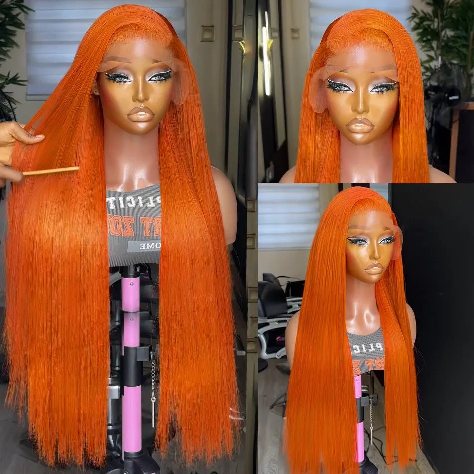 Perruque Lisse Orange Gingembre de 30 Pouces, Cheveux Humains Péruviens Colorés 350, Lace Frontale HD Transparente 13x6 13x4 pour Femmes