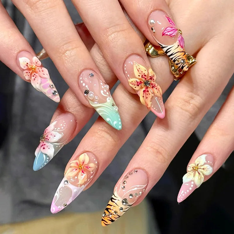 24 pièces arc faux ongles blanc français Long Stiletto faux ongles pointe fleur perle conception amande presse sur ongles acrylique couverture complète ongles
