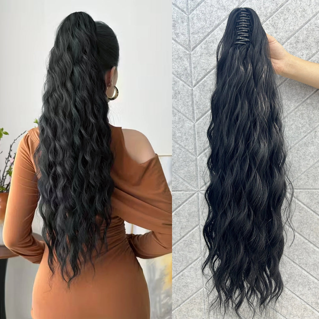 Queue de cheval synthétique ondulée effet Water Wave à pince, noire ou blonde, en fibre résistante à la chaleur, volumineuse et légèrement décoiffée, extension de cheveux pour femmes.
