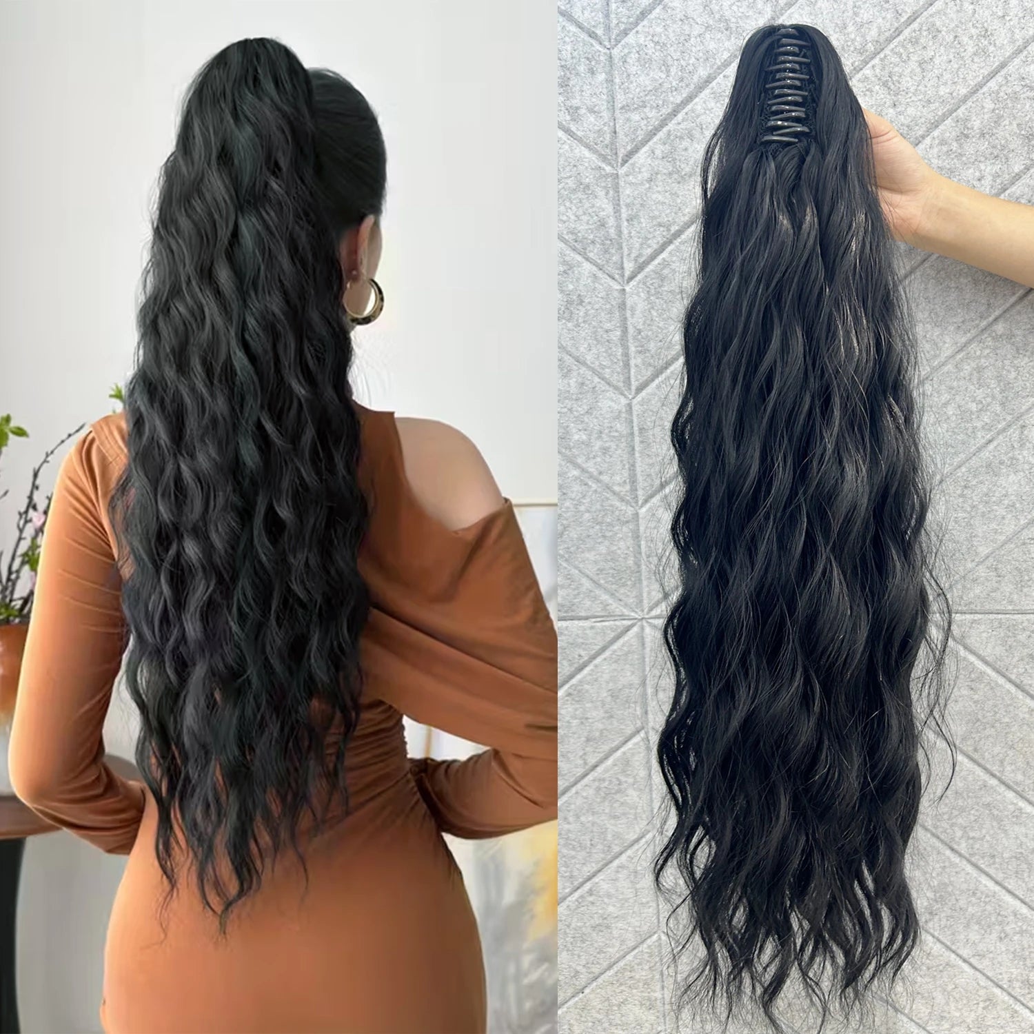 Queue de cheval synthétique ondulée effet Water Wave à pince, noire ou blonde, en fibre résistante à la chaleur, volumineuse et légèrement décoiffée, extension de cheveux pour femmes.