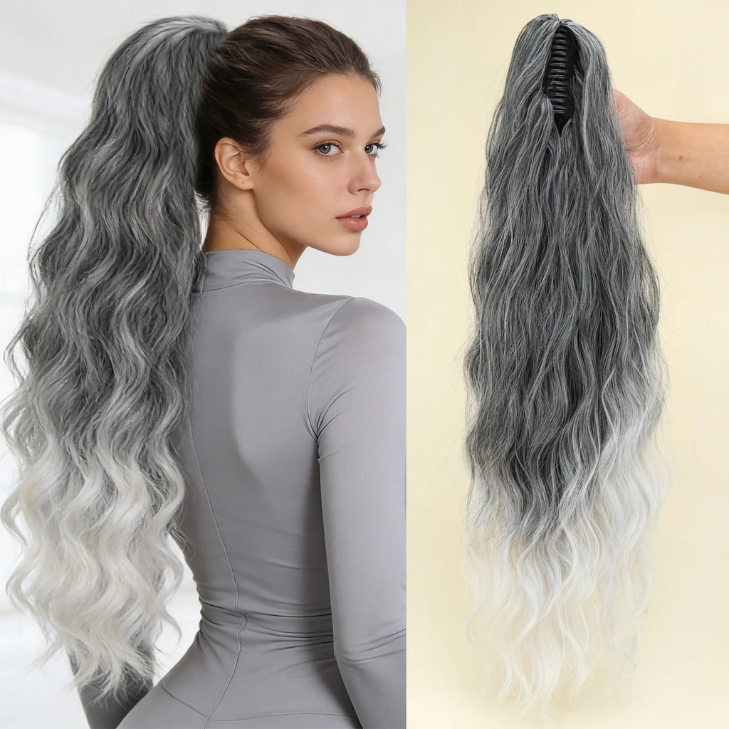 Queue de cheval synthétique ondulée effet Water Wave à pince, noire ou blonde, en fibre résistante à la chaleur, volumineuse et légèrement décoiffée, extension de cheveux pour femmes.