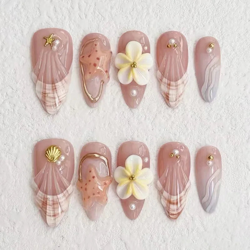 24 pièces mi-long doré amande ongles ensemble presse sur 3D fleur dégradé rose couverture complète faux ongles conseils perle réutilisable faux ongles