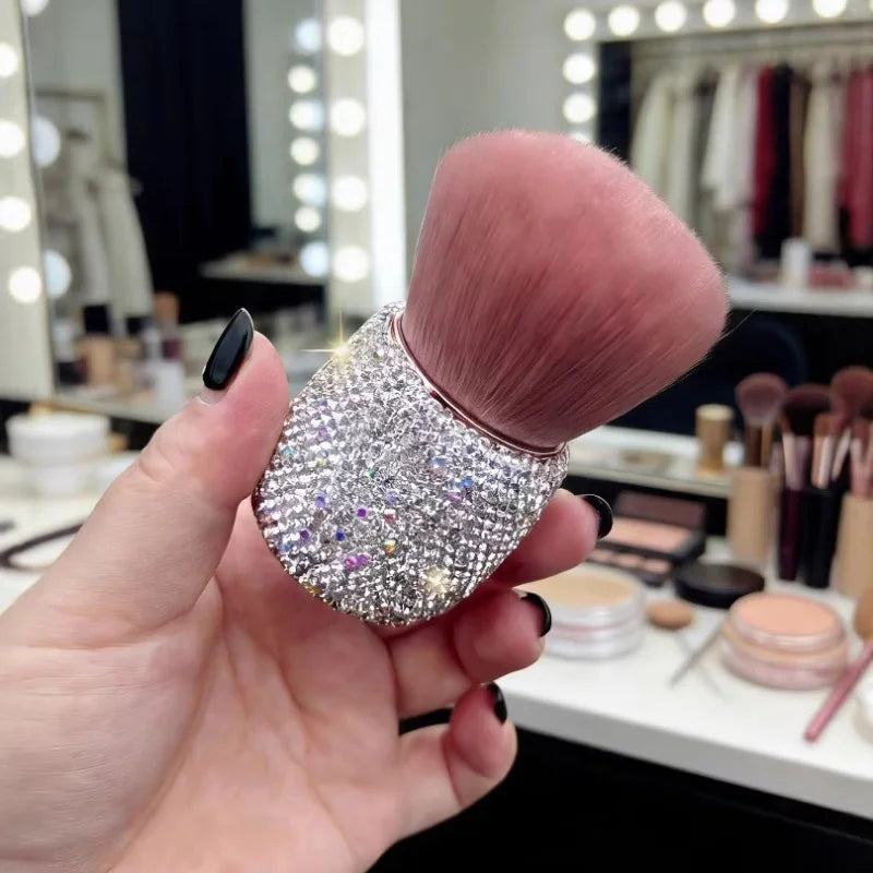 Pinceau de maquillage de luxe avec strass scintillants, pinceau à poudre rose super doux, pinceau Kabuki portable pour blush et bronzer, Glam Cosmet