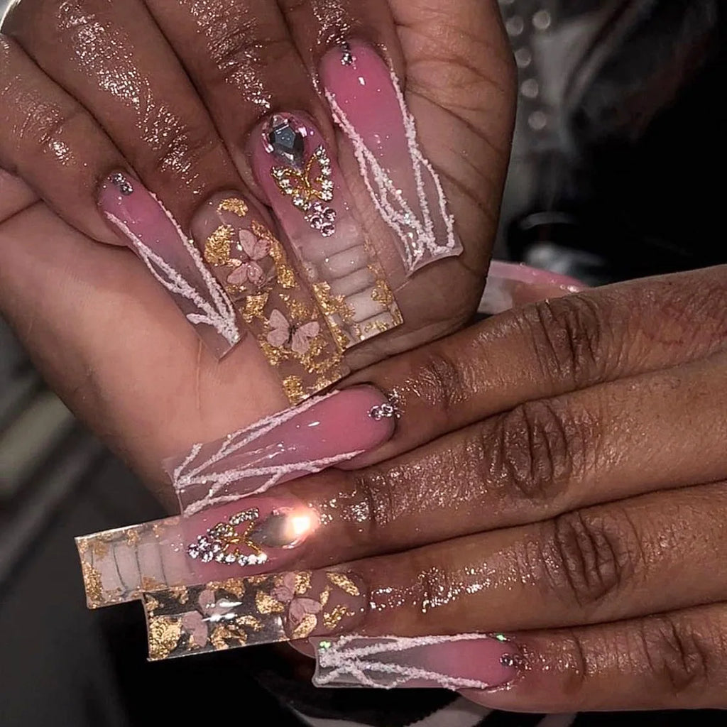 24 pièces – faux ongles longs carrés style français, design cœur 3D, ongles press-on avec strass, motif décoratif, faux ongles portables pour nail art
