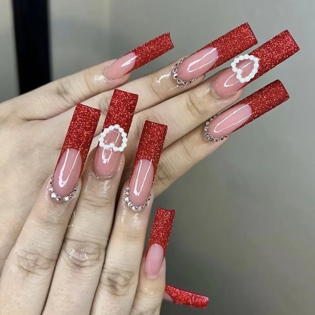 24 faux ongles longs carrés à presser, motif léopard, design cerise 3D, strass, couvrance totale, prêts à poser
