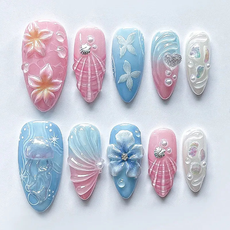 24 pièces mi-long doré amande ongles ensemble presse sur 3D fleur dégradé rose couverture complète faux ongles conseils perle réutilisable faux ongles