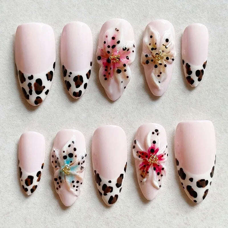 24 pièces mi-long doré amande ongles ensemble presse sur 3D fleur dégradé rose couverture complète faux ongles conseils perle réutilisable faux ongles