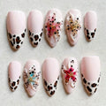 24 pièces mi-long doré amande ongles ensemble presse sur 3D fleur dégradé rose couverture complète faux ongles conseils perle réutilisable faux ongles
