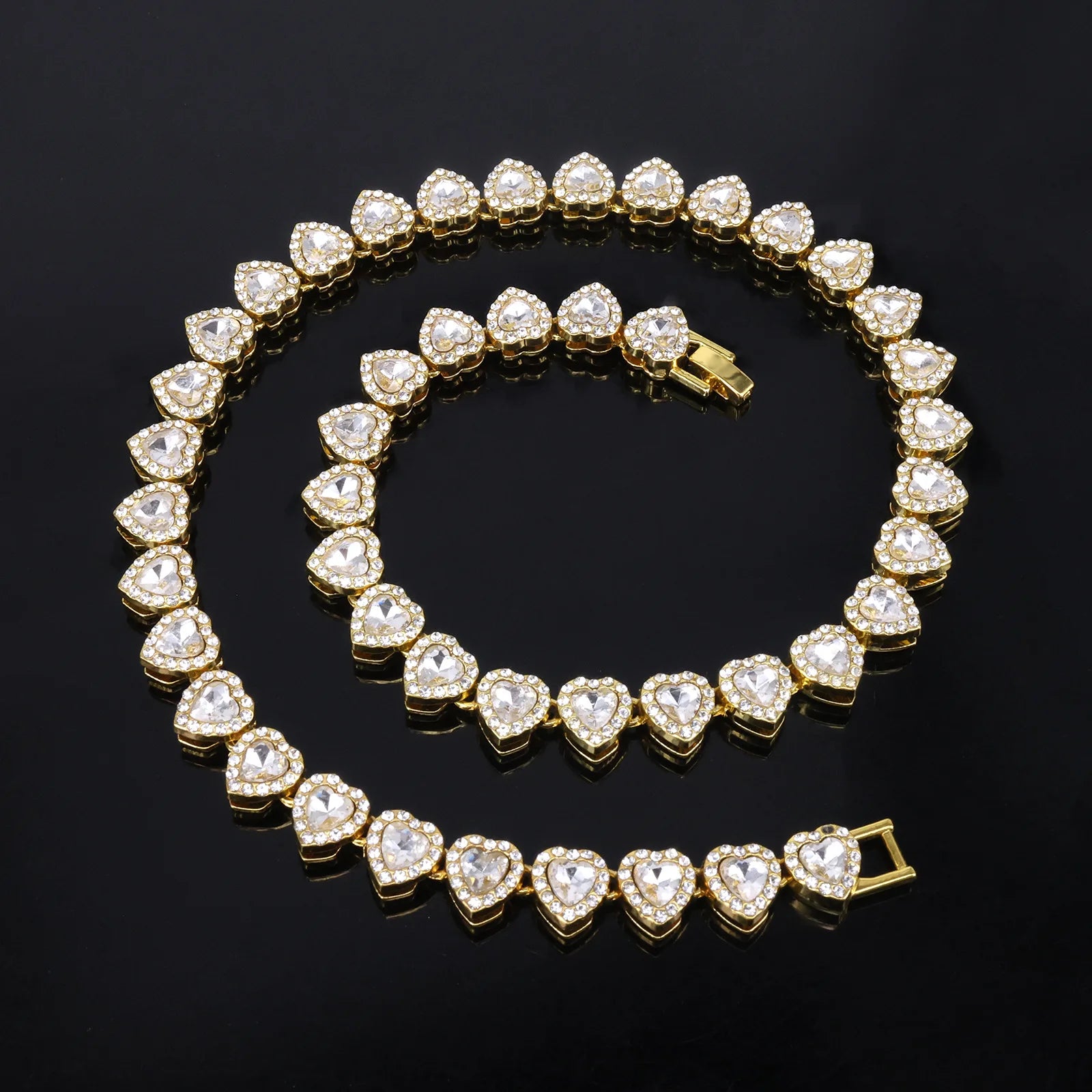 Yupsk 45CM/20CM coeur brillant strass Hip Hop Rock Tennis chaîne Bracelet collier pour femmes hommes à la mode ensemble de bijoux cadeau