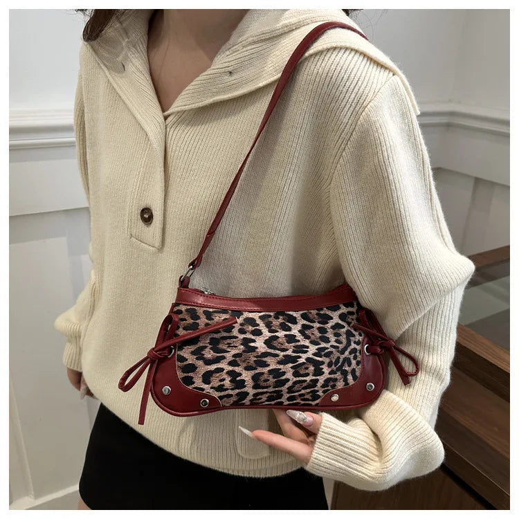 Nouveau sac sous le bras tendance, sac à bandoulière pour femmes, sac à main avec double nœud doux, sac pour dames, style rétro, sac à épaule féminin à motif léopard.