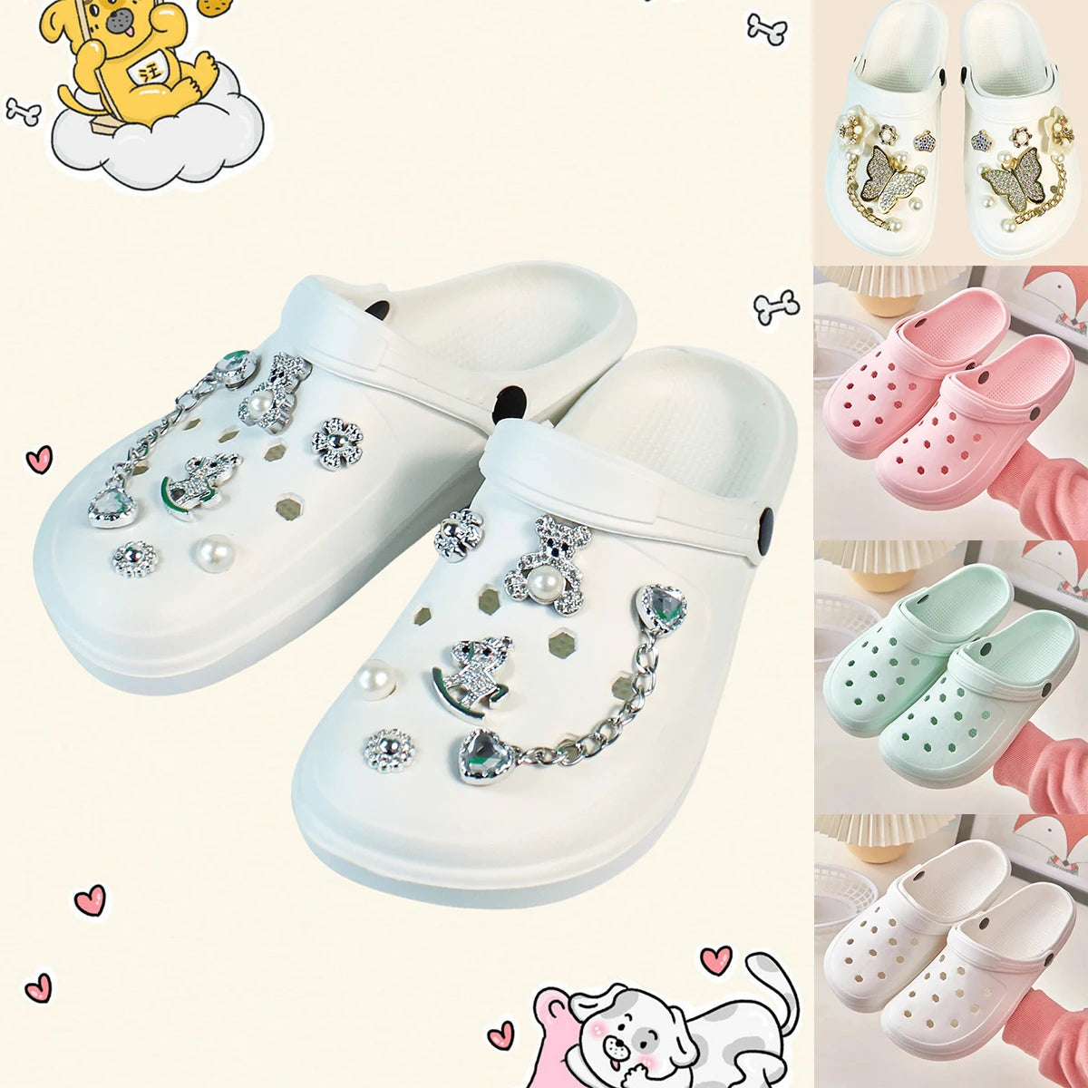 Sabots d’été pour femme, style DIY avec décoration ours et perles. Mules de plage tendance à trous (cave shoes), chaussures plates décontractées pour jardin et usage quotidien, vendues avec emballage individuel.