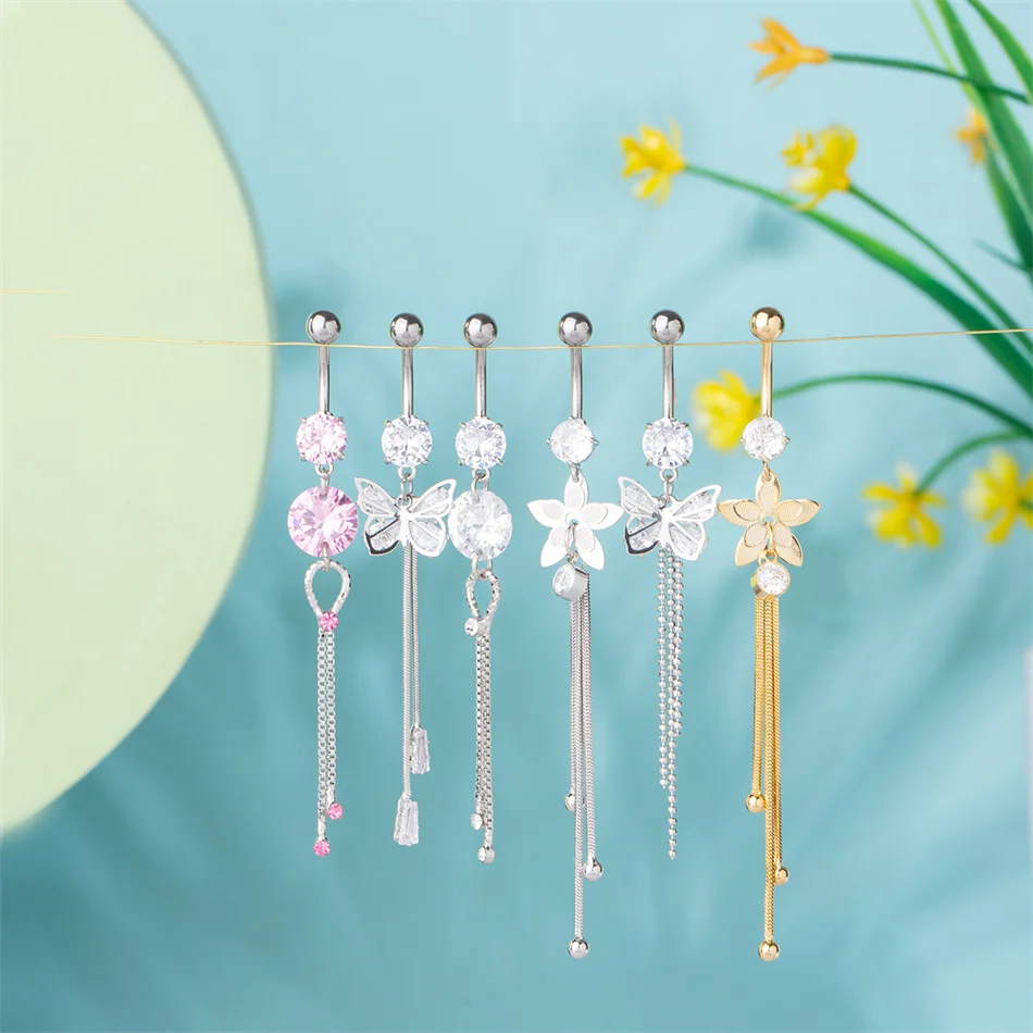 Bijou de nombril pour femme – piercing de ventre en acier inoxydable avec chaîne longue, pampilles et fleur pendante, accessoires de corps pour soirée et plage