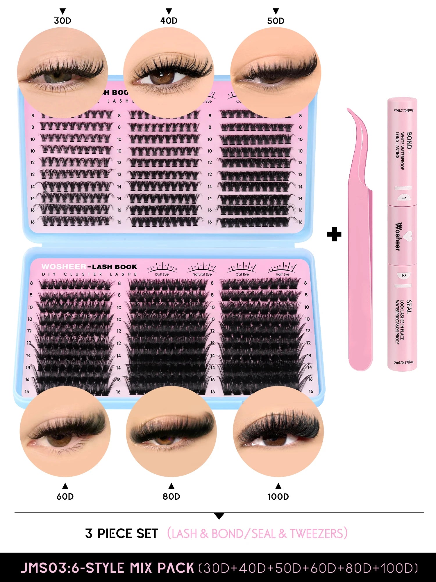 Kit de bouquets de faux cils – Extensions de cils individuelles en bouquets, effet volumineux et léger, plateau de tailles mixtes, avec colle et fixateur pour cils (Lash Bond & Seal) ainsi qu’une pince applicatrice incluse.