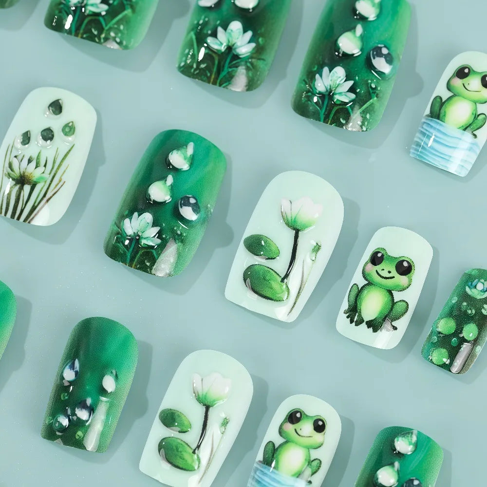 Faux ongles 3D pour femmes et filles, dégradé de fleurs en relief marron bleu avec strass, pointes d'amande d'automne et d'hiver à pression sur les faux ongles