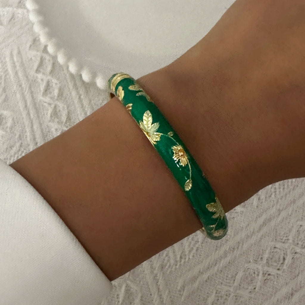 Bracelet élégant en émail goutte d'eau à texture florale pour femme, plaqué or rétro, avec zircon floral et motif œil porte-bonheur, bijou de fête