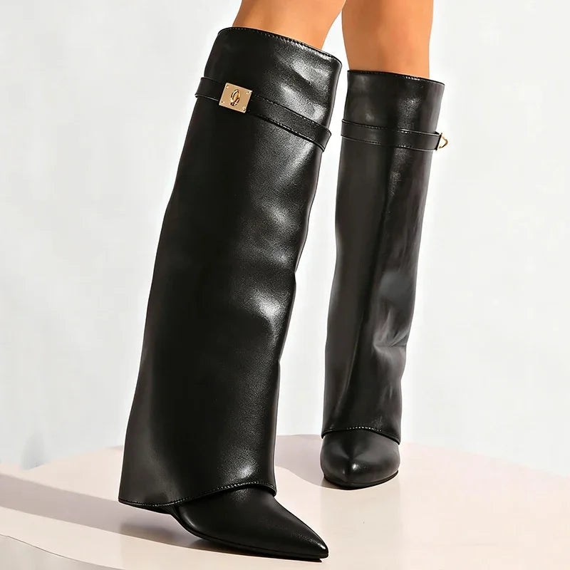 Bottes hautes jusqu’aux genoux en cuir PU noir pour femme, bottes sexy à bout pointu et tige droite, style punk féminin, bottes longues à talons compensés hauts pour femme.