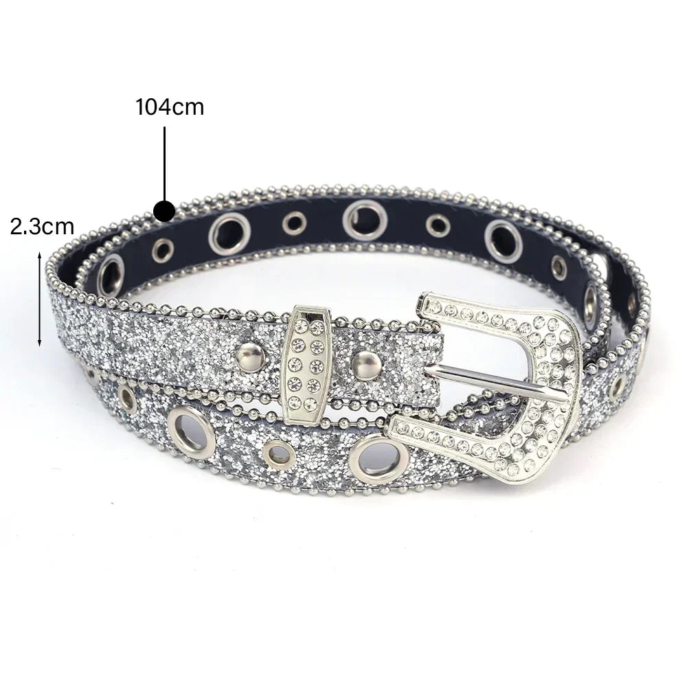 Ceinture femme mode Y2K – imprimé uni, cloutée, entièrement ornée de strass, en cuir PU, brillante style cristal, réglable, ceinture scintillante pour club et soirée