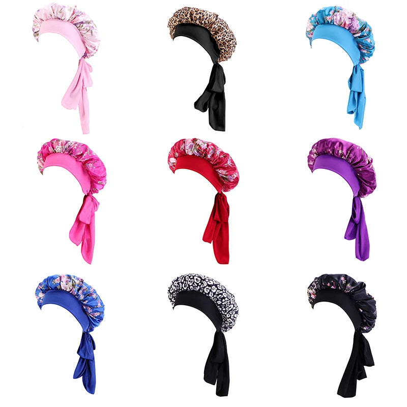 Nouveau Bonnet en Satin pour dormir, couverture de cheveux bouclés, Bonnet de nuit soyeux pour femmes, grand Bonnet de sommeil soyeux avec cravate