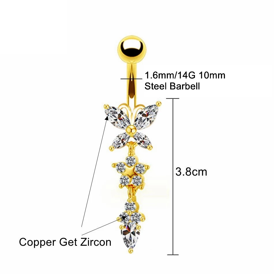 Bijou de nombril pour femme – piercing de ventre en acier inoxydable avec chaîne longue, pampilles et fleur pendante, accessoires de corps pour soirée et plage