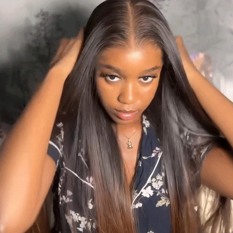 Perruque en cheveux humains brésiliens lisses, lace frontale HD 13x4 colorée effet ombré avec mèches, perruque sans colle pour femmes, offrant un aspect naturel.