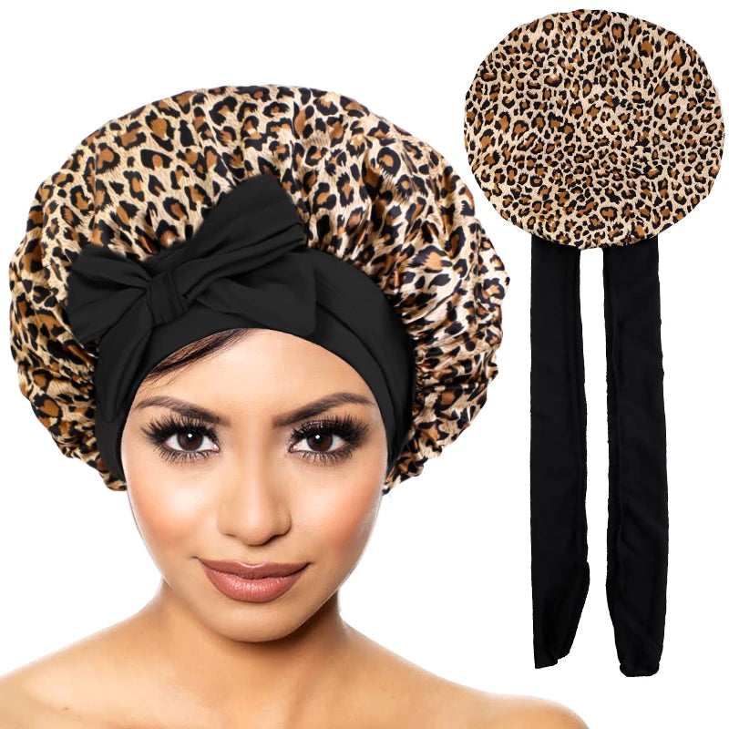Nouveau Bonnet en Satin pour dormir, couverture de cheveux bouclés, Bonnet de nuit soyeux pour femmes, grand Bonnet de sommeil soyeux avec cravate