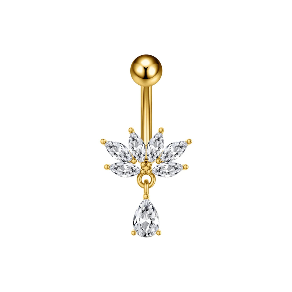 Anneaux de nombril incurvés 14G, cristaux CZ, corps Sexy, chaînes de nombril, fleur, Piercing de ventre, Umbigo, bijoux en acier inoxydable