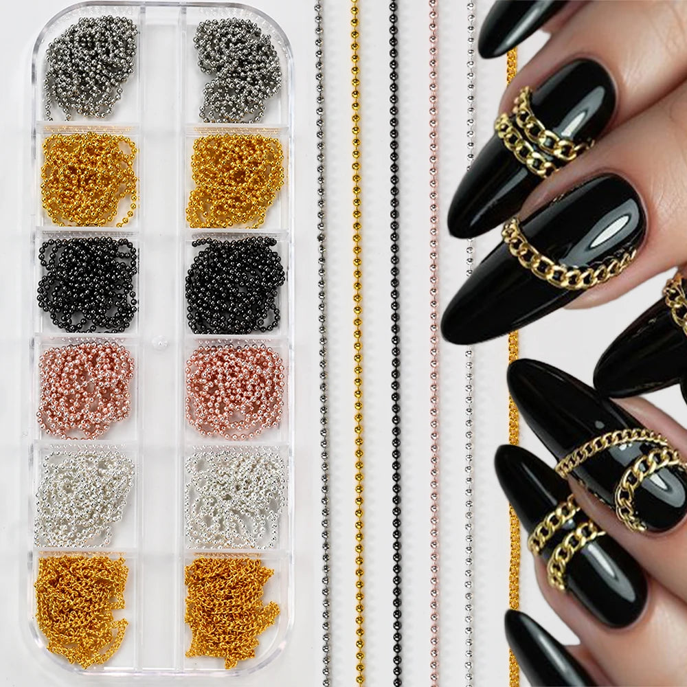 12 grilles de chaînes à ongles 3D en or, argent, gris foncé et rose, style gothique punk, breloques en métal pour nail art, chaînes en alliage, décorations pour manucure