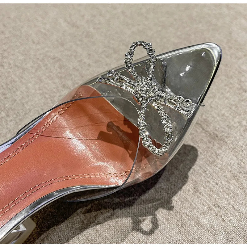 Grande taille 35-45, mules transparentes en PVC avec strass et nœud, élégantes sandales à talons hauts pour femmes, chaussures d’été tendance, sandales et mules à enfiler.