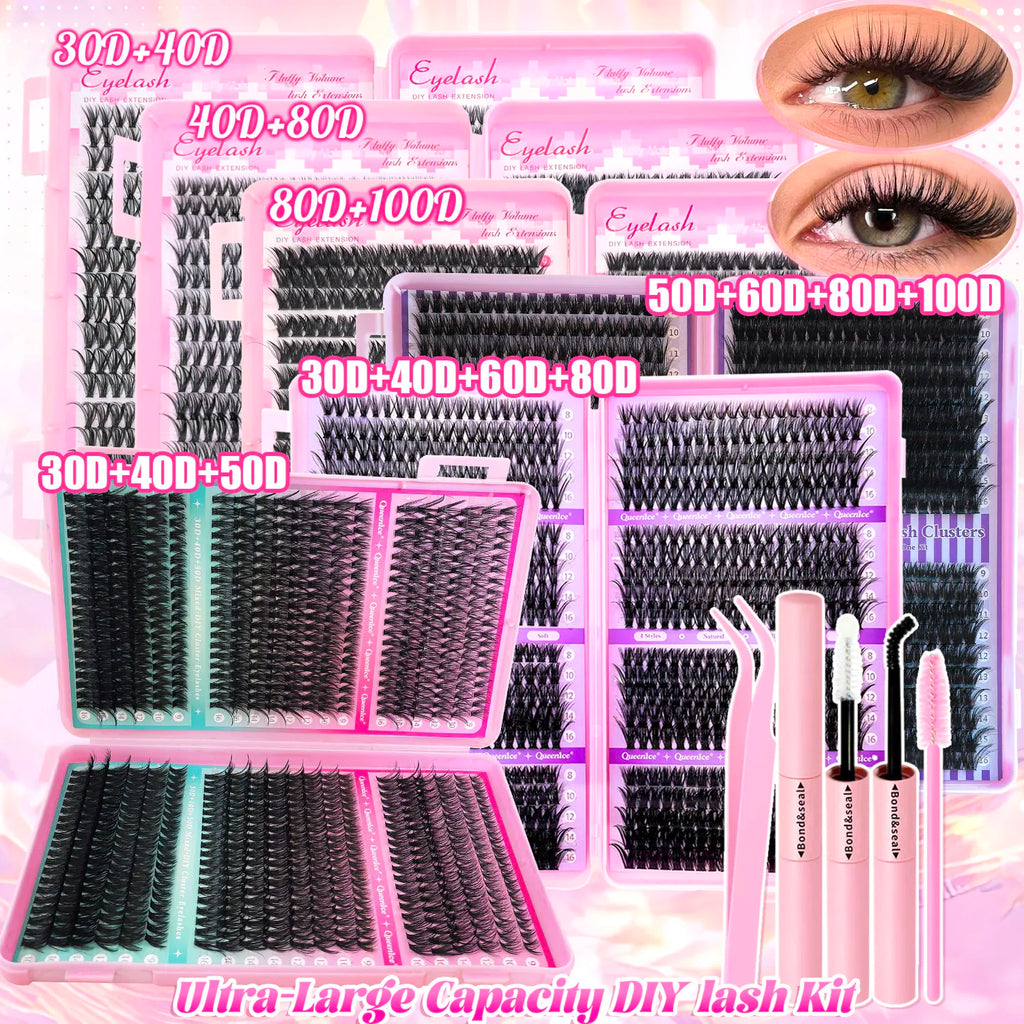 Kit d’extensions de cils DIY en bouquets – Faux cils individuels à poser soi-même, longueurs de 9 à 16 mm. Effet léger et naturel (wispy). Kit complet incluant colle (bond) et fixateur (seal) pour une meilleure tenue des cils