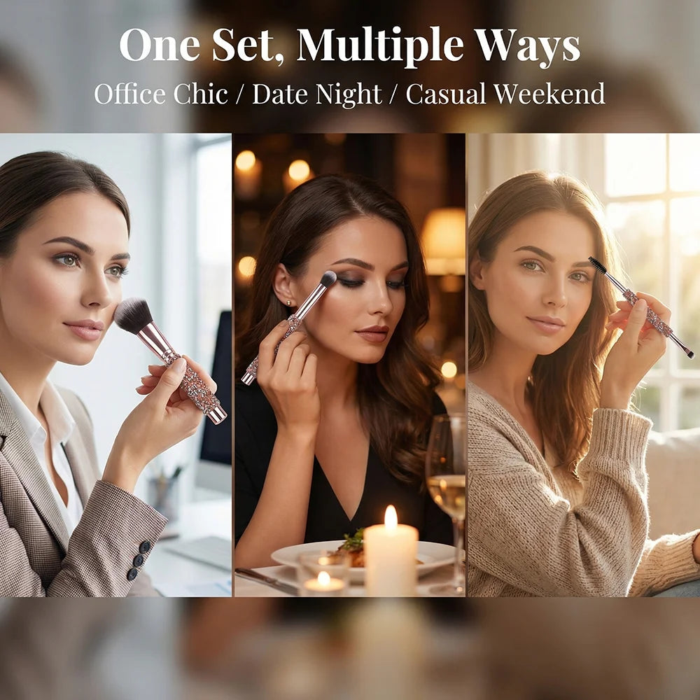 Ensemble de 5/10 pinceaux de maquillage de luxe incrustés de strass avec sac en PU rose gold, outils de beauté portables pour femmes