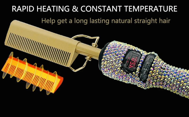 Peigne chauffant électrique lissant, spécialement conçu pour les cheveux texturés, crépus et afro. Idéal pour lisser, coiffer et mettre en forme les cheveux rapidement.